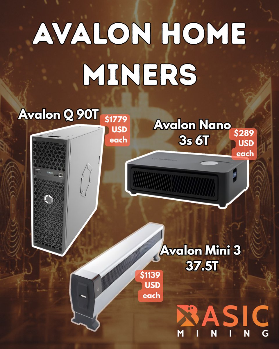 BasicMining's tweet image. 💡 Start Mining from Home — Simple, Smart, and Powerful!
Perfect for beginners or small-scale setups looking for quiet, efficient machines that deliver results.
Our Avalon Home Miners are in stock now with DDP shipping to the USA 🇺🇸

⚙️ Models Available:
Avalon Q 90T – $1,779…