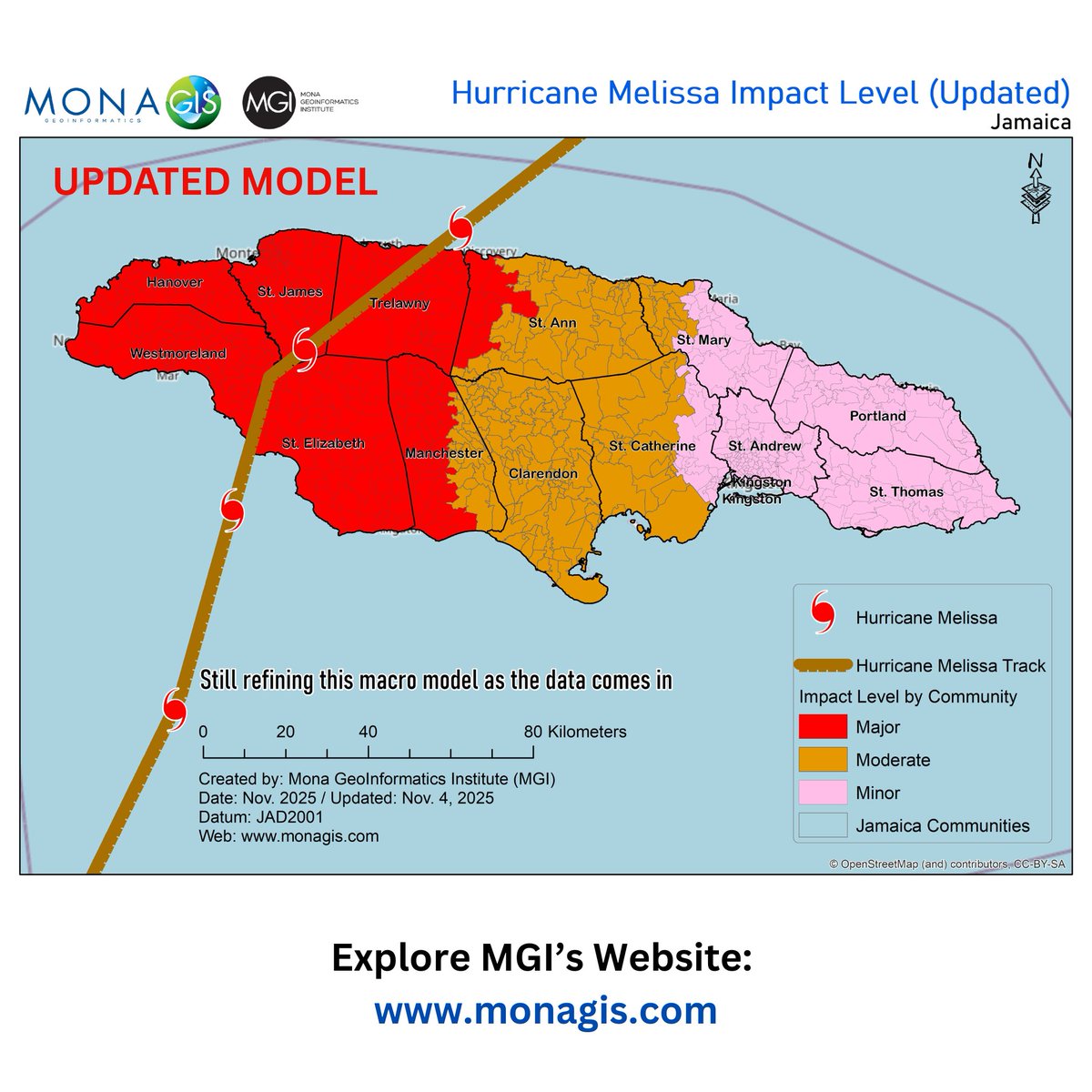 MGIMona's tweet image. UPDATED MODEL and still working!

Early-stage impact model highlights how Hurricane Melissa has affected communities throughout Jamaica.

We are updating and refining this model as more data comes in.

#HurricaneMelissa  #Landslide #Flooding

Web: monagis.com