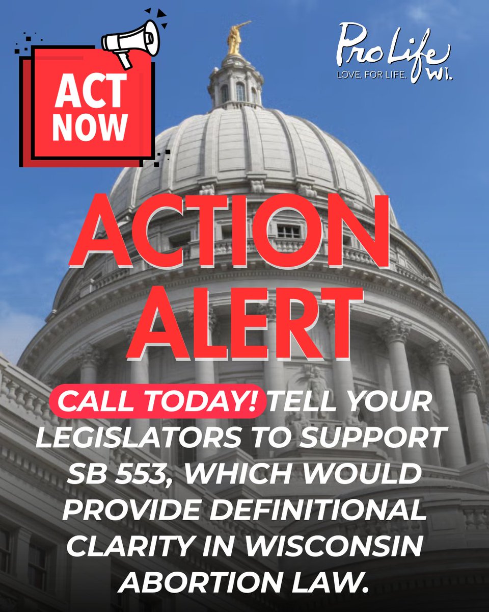 The Senate Committee on Licensing, Regulatory Reform, State and Federal Affairs has scheduled a public hearing TODAY at 11am on Senate Bill (SB) 553. SB 553 provides definitional clarity in Wisconsin abortion law.

CALL or EMAIL your state senator TODAY and urge him/her to