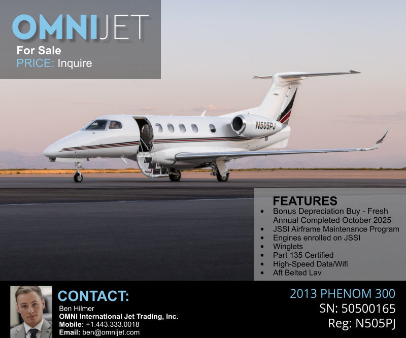 omnijet's tweet photo. Presenting the 2013 Phenom 300 SN 50500165, available through OMNIJET.

Office: +1.410.820.7300
Mobile/WhatsApp: +1.443.333.0018
Email: ben@omnijet.com

#business #jet #businessjet #privatejet #flyprivate #aviation #bizav #avgeek #aircraftsales #aircraftforsale #jetsales https://t.co/Gimi1MkxQP