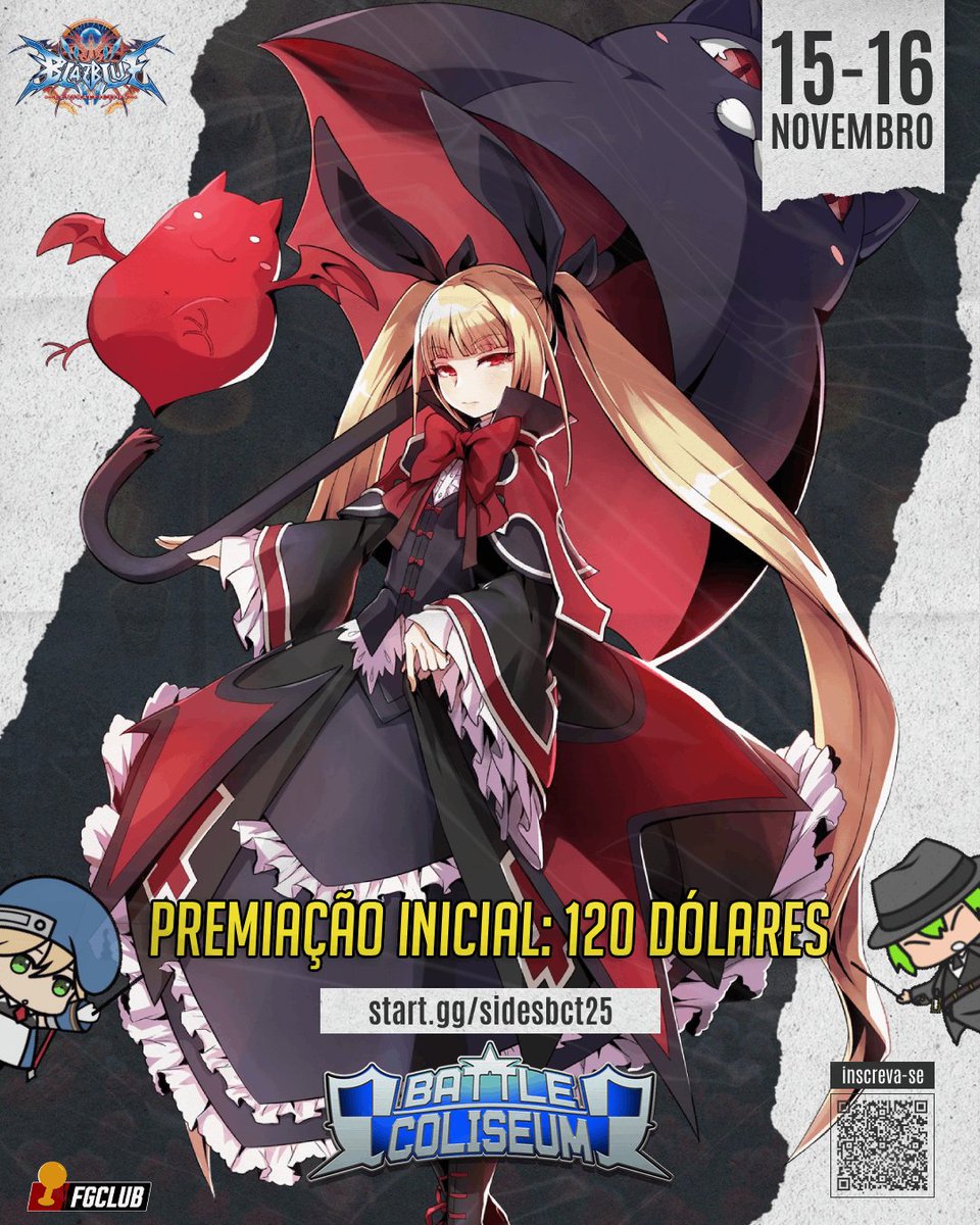 Lembrando que as inscrições do Battle Coliseum fecham nessa semana, no Domingo!

Mas as inscrições dos side events fecham um pouquinho antes, na Sexta-feira às 22h 👀

BBCF está sendo o maior side com 63 inscritos, bora lotar isso ainda mais: start.gg/tournament/sid…

BO BLEIS 🐸