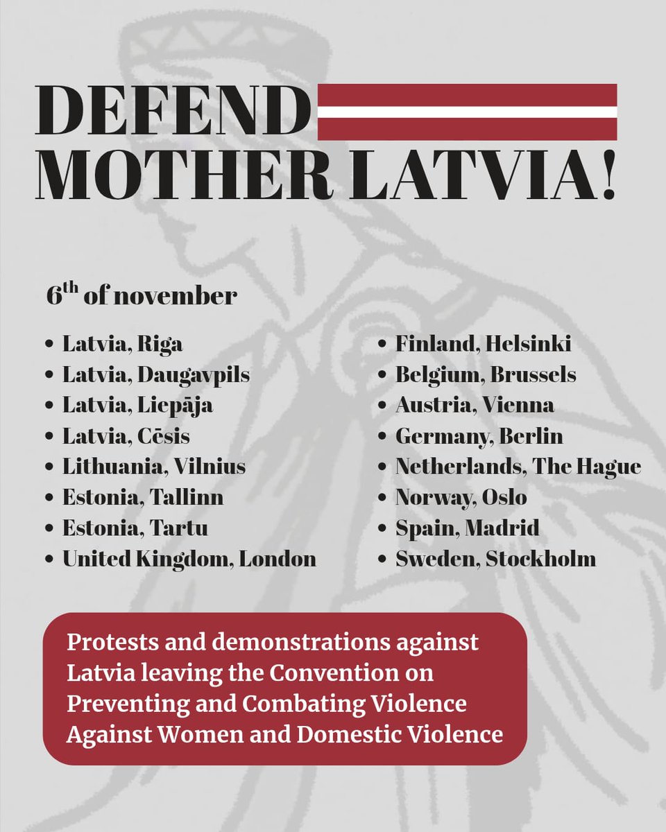 You might not hear this from me too often, but Latvia isn't just Riga. It isn't even just in "Latvia". I'm very, very happy to see so many demonstrations and protests planned all around Europe against us leaving the Istanbul convention!

16 places on the 6th of November