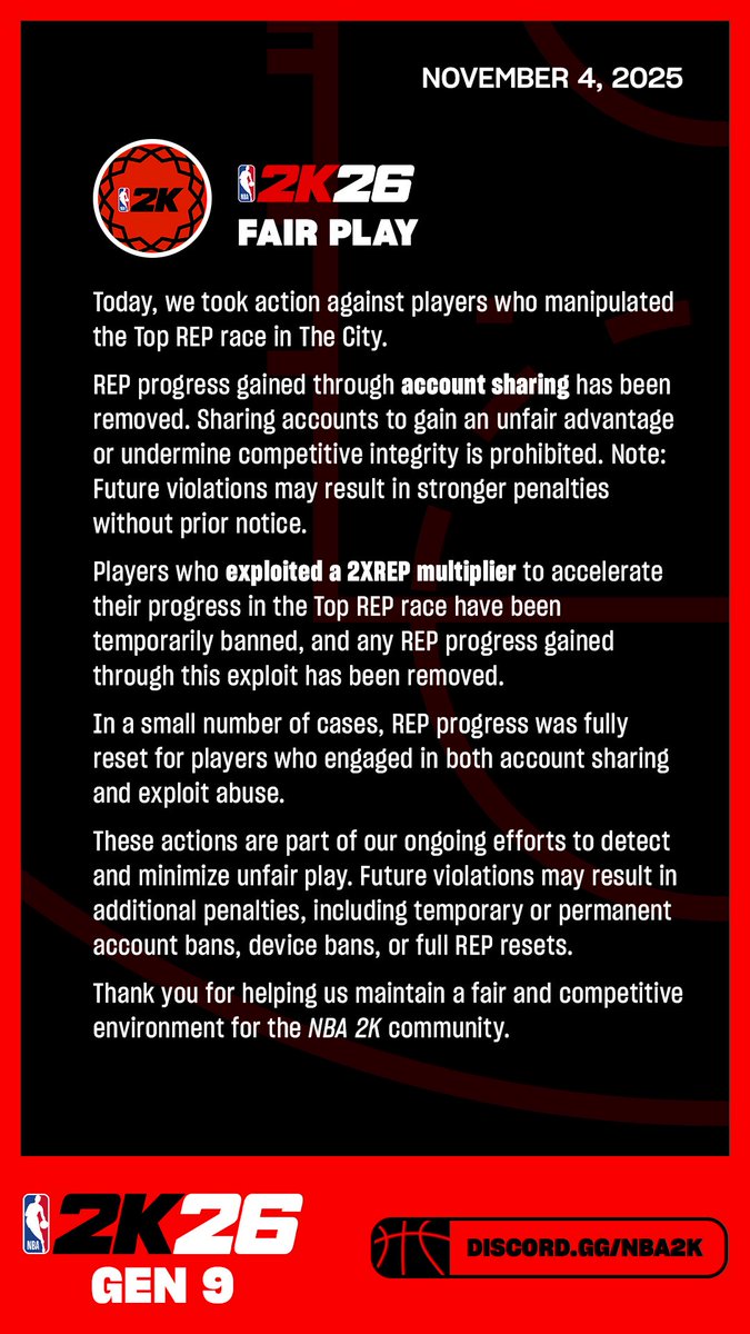 2KIntel's tweet image. 2K Released an Official Statement about Banning People that were Grinding for the TOP REP Race while Account Sharing😳