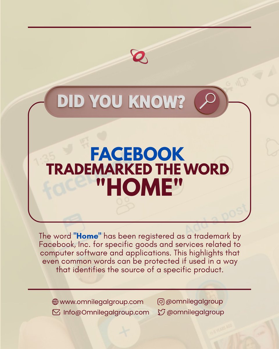 omnilegalgroup's tweet image. You can&apos;t go home again... or can you? Facebook, Inc. has famously registered the word &apos;HOME&apos; as a trademark for specific software services. Context is everything in trademark law! 

#FacebookTrademark #CommonWords #BrandStrategy #SourceIdentifier #FunFactsWithOmniLG