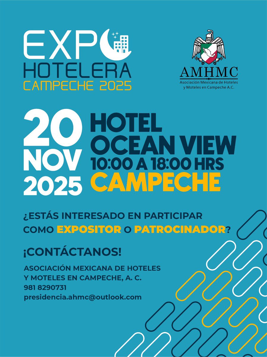 EXPO HOTELERA #CAMPECHE 2025
20 de noviembre de 2025
Aprovecha esta gran oportunidad para llevar productos o servicios al sector hotelero y restaurantero.
Conéctate con los mejores, genera alianzas estratégicas y da a conocer tu marca ante los principales actores del sector. 💼