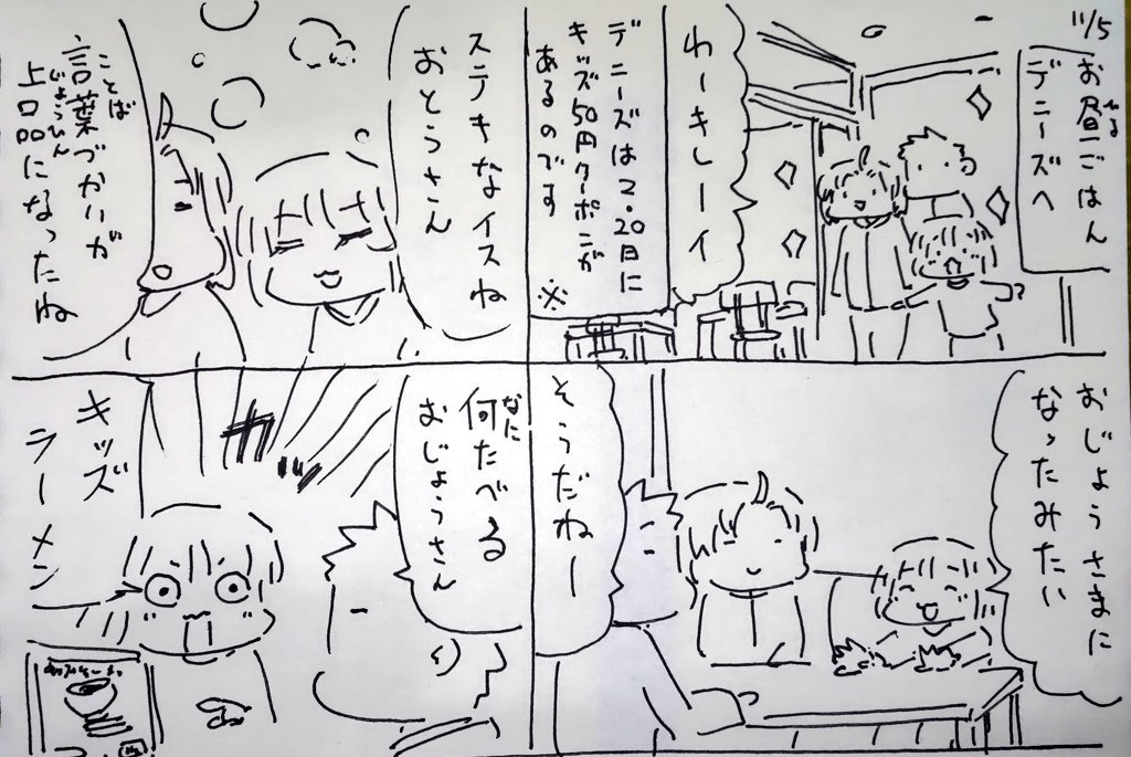 #本日のむすめさん
お嬢様はキッズラーメンを御所望でした。
デニーズ、少しお値段しますが店員さん丁寧なのとお店がキレイなので気に入ってます。
また行きたいですね。 