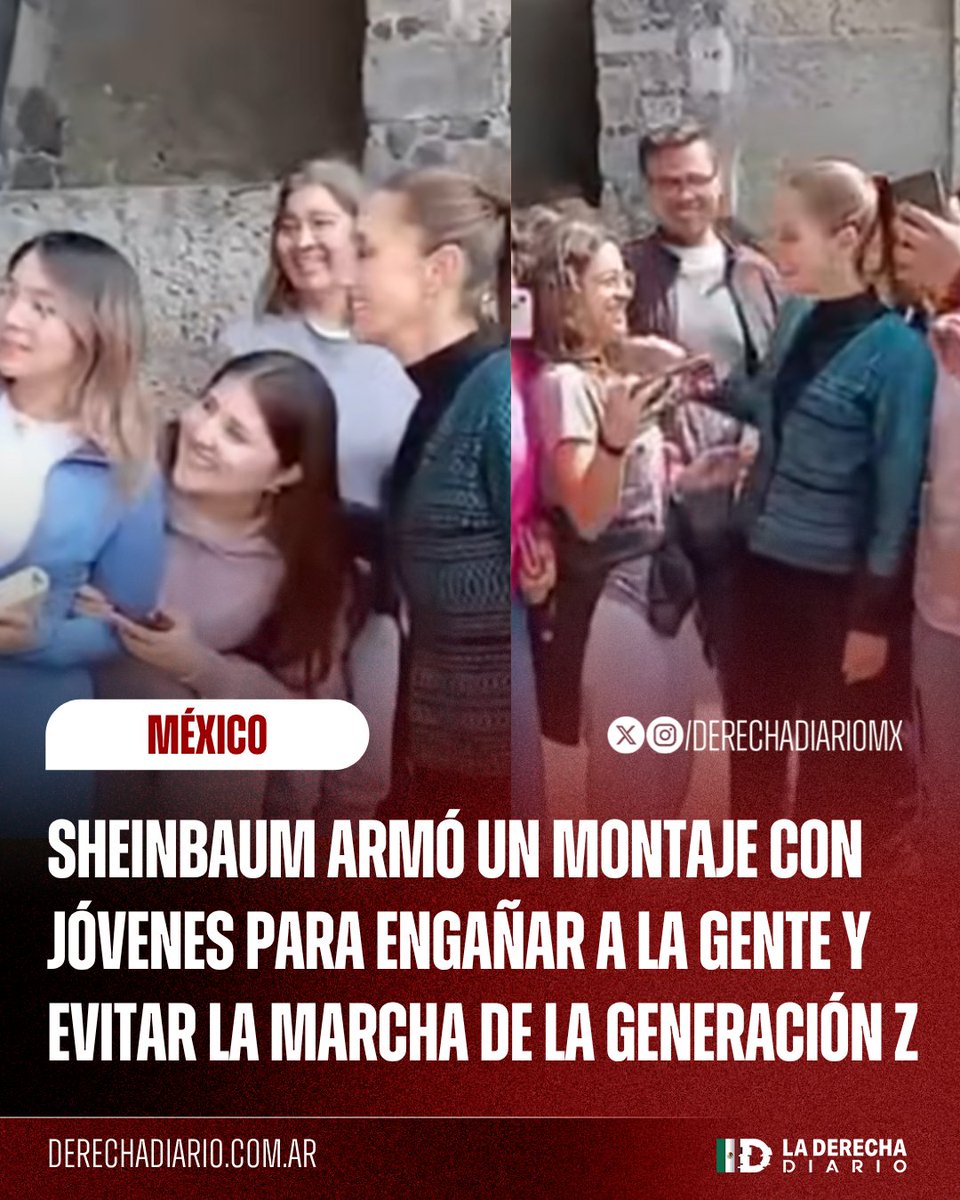 DerechaDiarioMX's tweet photo. 🇲🇽 | QUIERE EVITAR LA MARCHA A TODA COSTA: La narcocomunista Claudia Sheinbaum armó un montaje con jóvenes universitarios que casualmente la esperaban listos con cámaras, en un patético intento para evitar la movilización de la Generación Z el 15 de noviembre. https://t.co/qtR4AOg5Pt