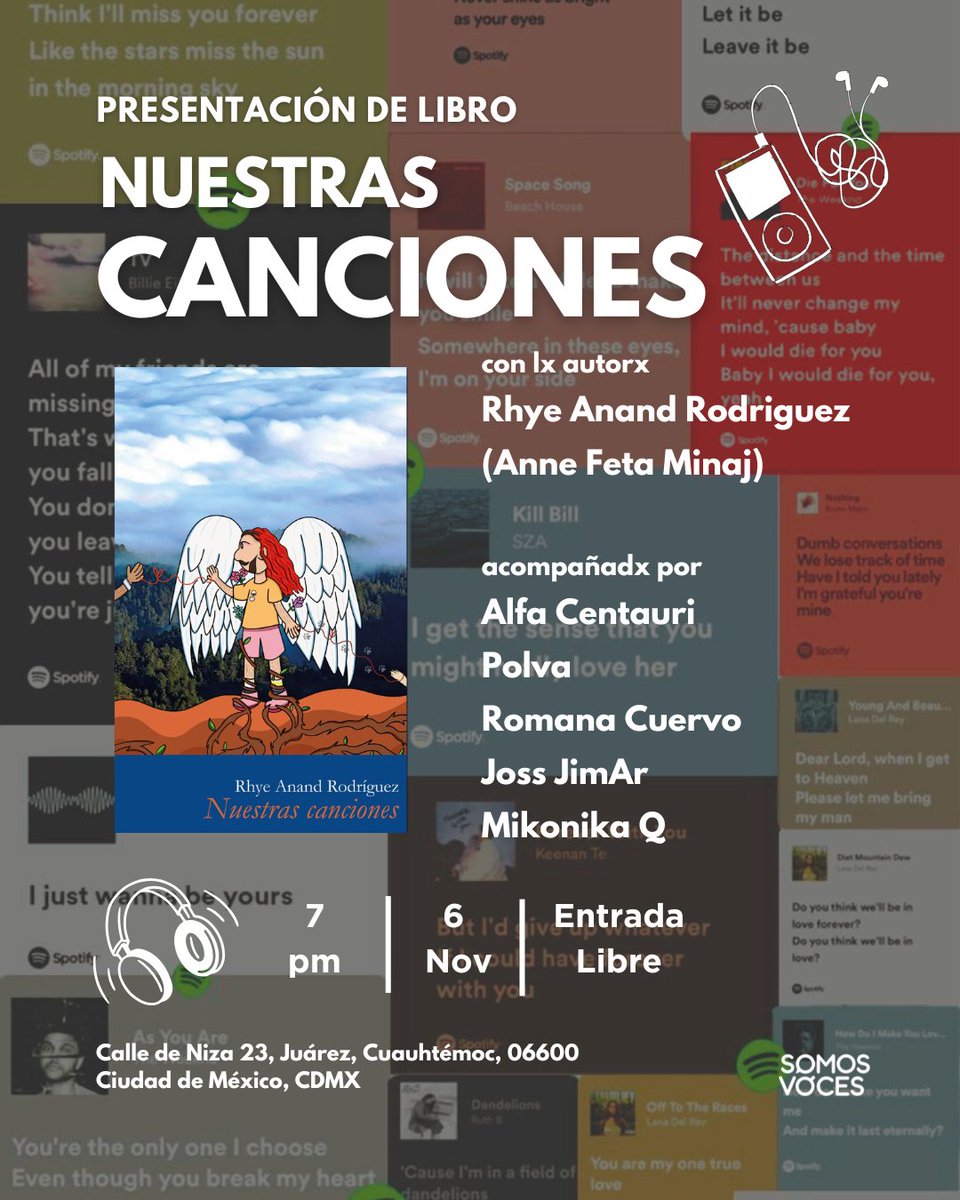 ¡Déjate llevar por el ritmo del soundtrack de tu vida!
El próximo jueves 06 de noviembre a las 7:00 pm en #SomosVoces, disfruta la presentación del poemario Nuestras canciones, de <a href="/Dragpoeta/">Anne Feta Minaj of Xoconostle</a>.
Participarán <a href="/jossjimar/">Joss JimAr</a>, Alfa Centauri, Polva, Romana Cuervo y Mikonika Q.
💜💛🎤🎶✨
