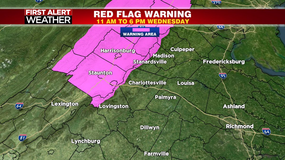 29NewsWVIR's tweet image. Red Flag WARNING for the Central Shenandoah Valley and Blue Ridge Mountains, Wednesday 11 AM - 6 PM. Critical Fire Weather Conditions. Avoid Any Outdoor Burning and Use Added Caution with Any Ignition Source. #redflagwarning #shenandoahvalley #blueridgemountains #firedanger #vawx