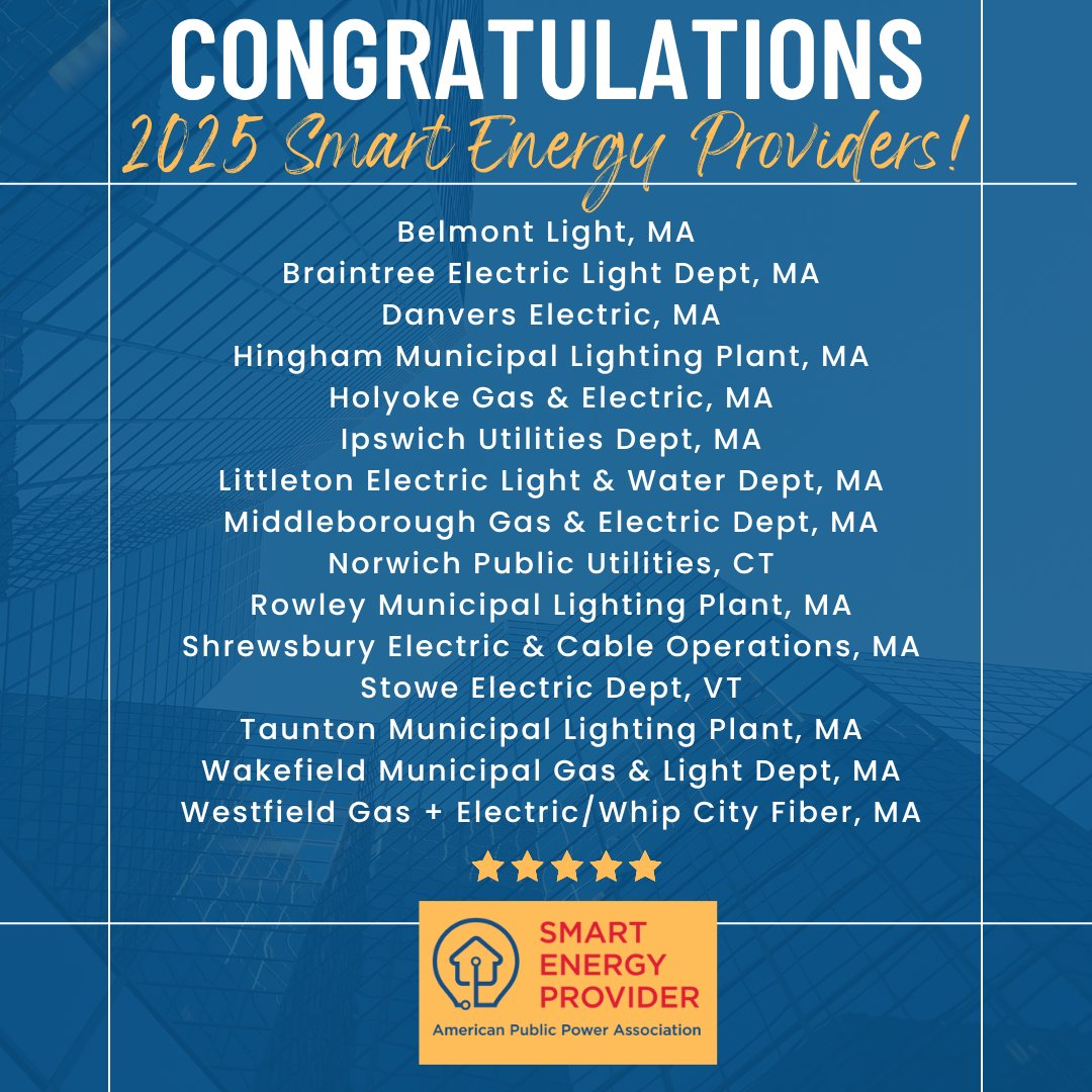 ⚡👏 Congrats to our NEPPA #members recognized by @PublicPowerAssoc!

🏅 #Gold: <a href="/BELDbraintree/">BELD</a>, <a href="/SELCOnews/">SELCO</a>
🥈 #Silver: <a href="/HinghamLight/">Hingham Municipal Light Plant</a>

Also celebrating all who earned/maintained Smart Energy Provider (SEP) status!

💡 Your dedication keeps the Northeast shining!