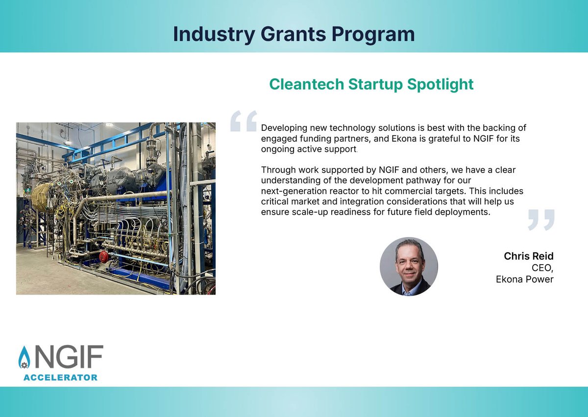 NGIFCapital's tweet image. 💡 #NGIFAccelerator is providing $180,300 in funding to #EkonaPower through its Industry Grants Program to pilot its methane pyrolysis technology—producing cleaner hydrogen from natural gas while generating solid carbon.

Read more here: ngif.ca/ngif-accelerat…
 #Cleantech…