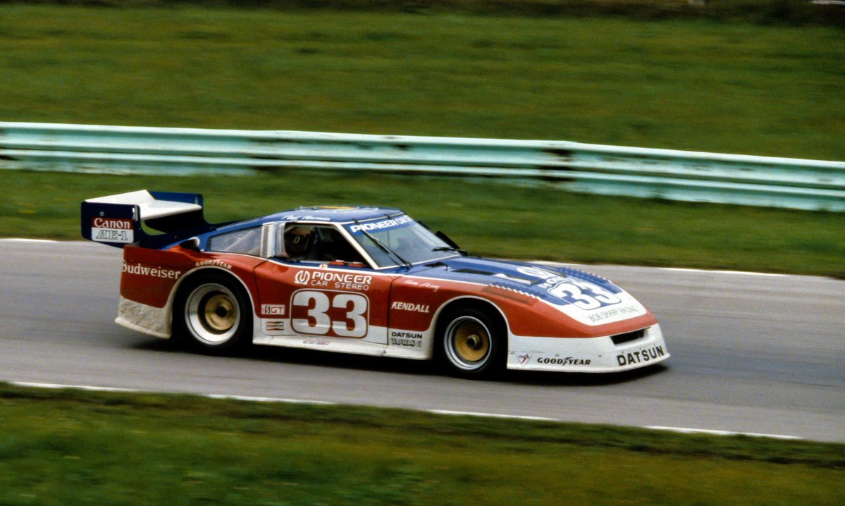 jeracerx's tweet photo. Despite the name "All-American GT", a single Japanese car was built for IMSA's American-focused ruleset, the IMSA GTX 280ZX Turbo driven by Paul Newman in 1980/81. With a twin-turbo version of the Nissan President's 4.5L V8, 6th in its final race at Portland was its best finish https://t.co/BWj2mR8dRI