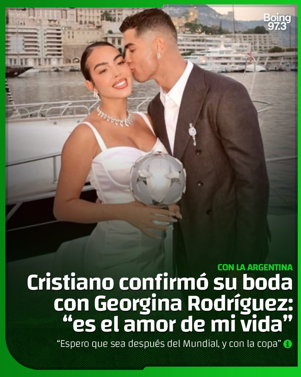 💍 En una entrevista cargada de emoción, Cristiano Ronaldo confirmó que se casará con Georgina Rodríguez, su pareja desde hace años y madre de algunos de sus hijos. El futbolista aseguró que “es el momento adecuado”, y definió a Georgina como “el amor de mi vida”, dejando en