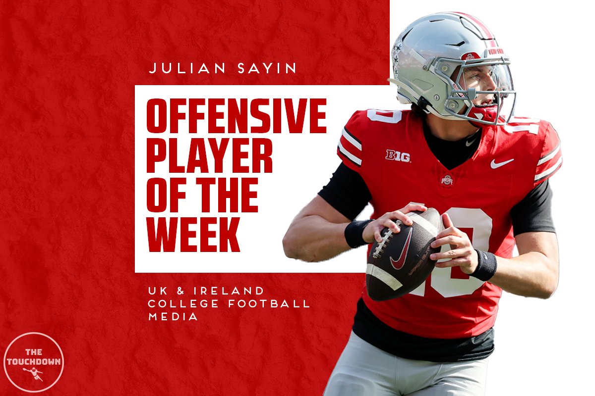 UK &amp; IRELAND COLLEGE FOOTBALL MEDIA OFFENSIVE PLAYER OF THE WEEK:

Julian Sayin, QB, Ohio State

🔹️ 20/23
🔸️ 316 yds
🔹️ 4 TD's

Leader in the Heisman race?