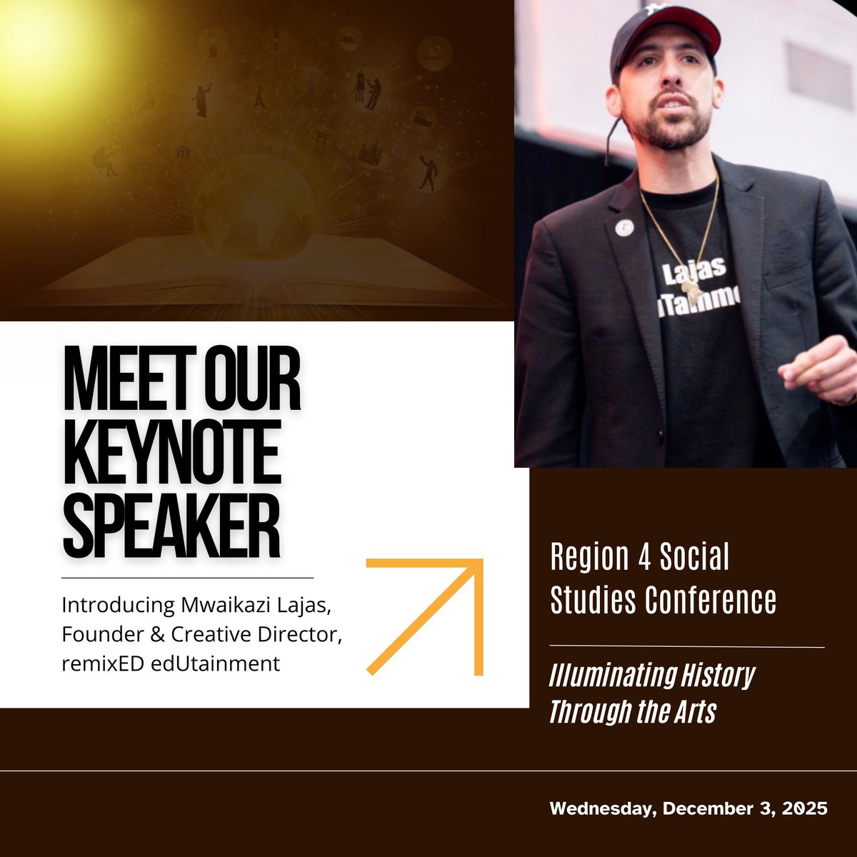 🎤 Get ready to remix your classroom!

Join us at the Region 4 Social Studies Conference with keynote speaker Mwaikazi Lajas, Founder of remixED edUtainment.

Discover how art, rhythm, &amp; creativity can transform teaching!

👉 bit.ly/3VqKuza
#SocialStudiesConference #R4