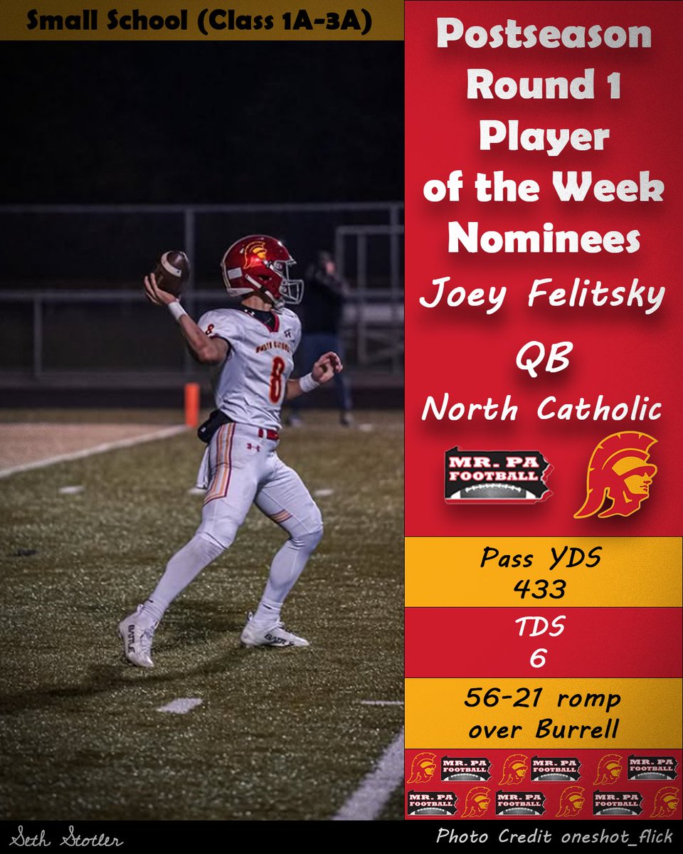 Cast your vote now for the Postseason Round 1 Player of the Week in the Small School category. mrpafootball.com/mr-pa-football…
<a href="/TySmiley18/">Tyler Smiley</a> <a href="/Dante_Carr6/">Dante Carr</a> <a href="/domhogue1/">Domenik Hogue</a> <a href="/JoeFelitsky/">Joe Felitsky C/O 2026 Quarterback</a>