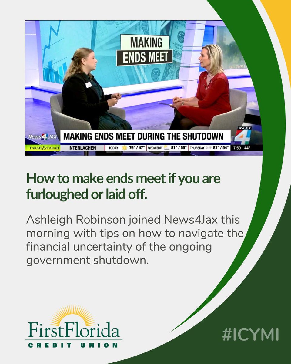 #ICYMI: We joined <a href="/wjxt4/">News4JAX</a> this morning to discuss how to make ends meet if you have been furloughed or laid off due to the ongoing government shutdown. Watch here: bit.ly/43JwLbm 📺

#MaingEndsMeet #FurloughFinances #FFCUcares #FFCUinJax #Community #FFCUontheNews