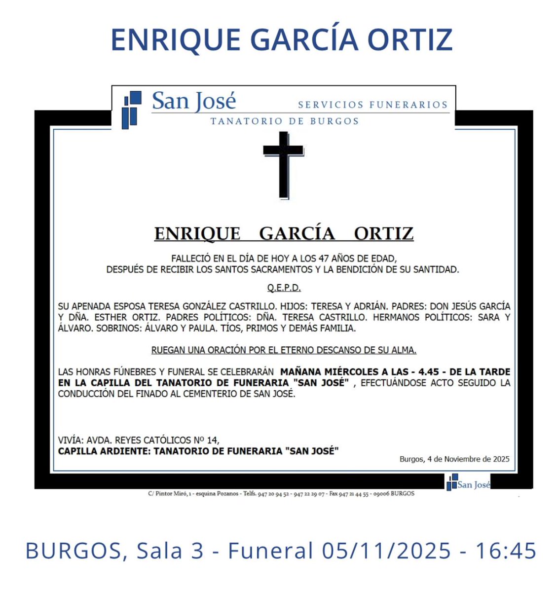 Luto en la Cofradía Siete Palabras y del Santísimo Cristo de Burgos. 😔
​Despedimos a nuestro querido hermano Quique, fervoroso devoto del Santísimo Cristo de Burgos ✝️.
​Rezamos por su eterno descanso y el consuelo de su familia. 🙏
​DEP, Quique.
​#LutoCofrade #CristodeBurgos