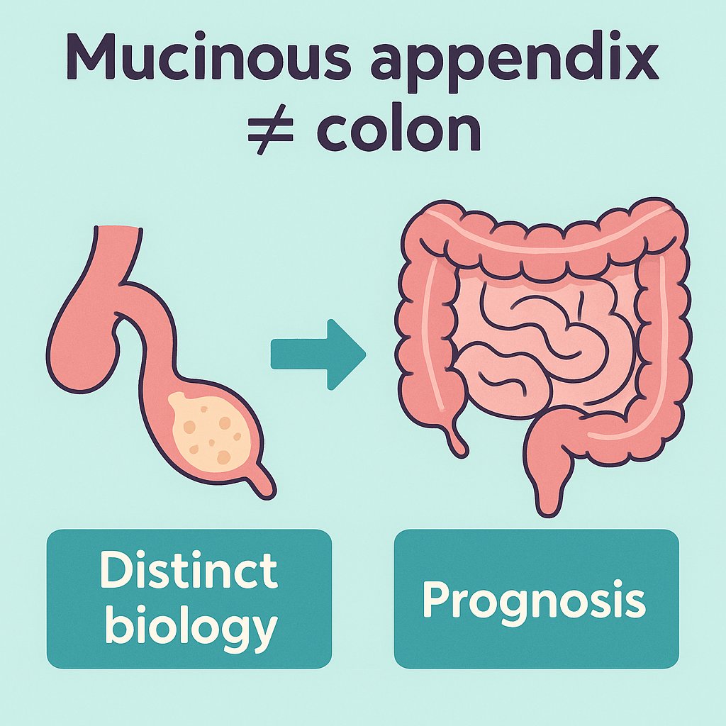 cirugiacancer's tweet image. 4/ 🧫 Mucinous appendix ≠ colon: Italian multicenter (n=402) shows distinct biology &amp;amp; prognosis → site-specific counseling and trials. #PMP