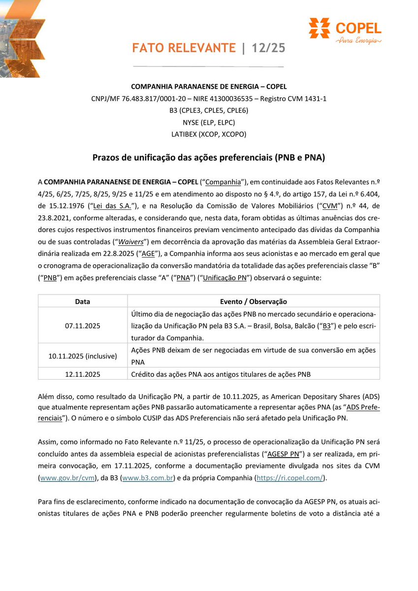 AvisosDaBolsa's tweet photo. CIA PARANAENSE DE ENERGIA - COPEL - Prazos de unificação das ações preferenciais (PNB e PNA) #CPLE3 #CPLE5 #CPLE6 #CPLE11 https://t.co/1eYYtWUs07