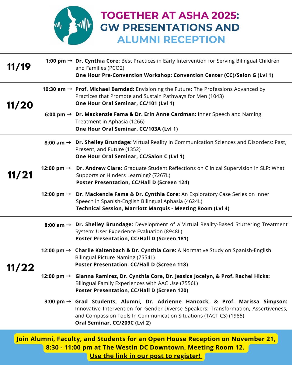 Join GW SLHS members at ASHA 2025 presenting cutting-edge research (aphasia, bilingualism, VR). But first, secure your spot at our main event: the Alumni Open House Reception on Nov. 21!

REGISTER NOW! (RSVP required)
connect.gwu.edu/site/Calendar?…

#ASHA2025 #GWSLHS #SLP #GWAlumni