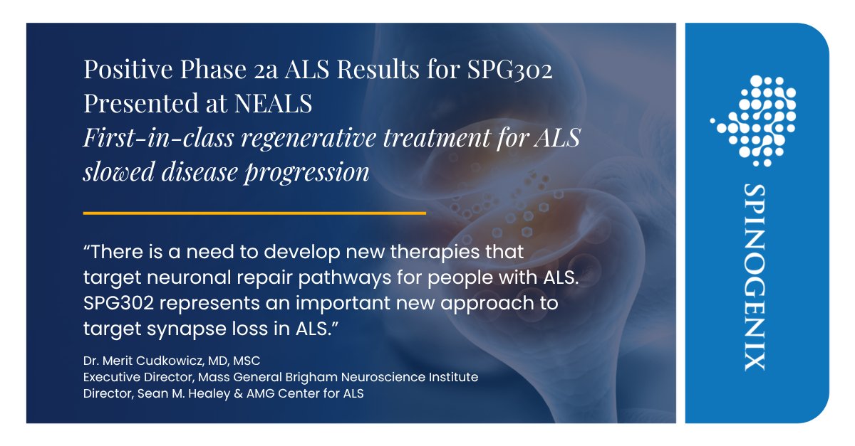 Positive Phase 2a results for SPG302, our first-in-class regenerative ALS treatment, presented at NEALS.

“SPG302 represents an important new approach to target synapse loss in ALS.” — Dr. Merit Cudkowicz

🔗 spinogenix.com/spinogenix-pre…