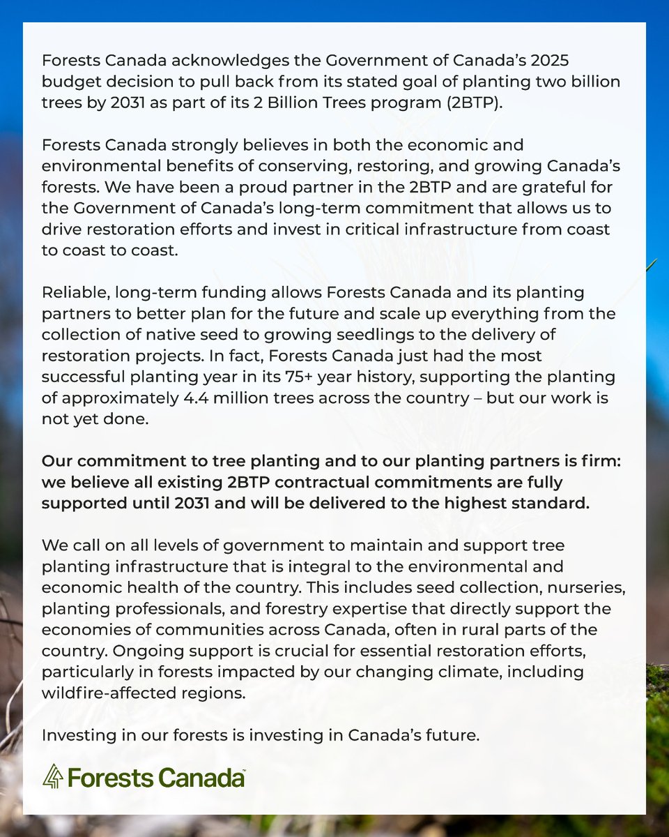 Forests Canada’s Statement on the Status of the 2 Billion Trees Program
"Our commitment to tree planting and to our planting partners is firm: we believe all existing 2BTP contractual commitments are fully supported until 2031 and will be delivered to the highest standard."

Read