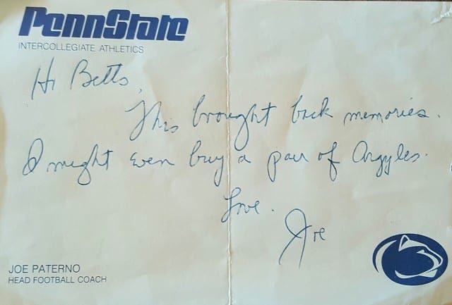My incredible handyman Chris worked on the former home of the O’Hora family today. Found a great artifact. JoePa lived there upon arriving in State College. For 9 years. From an assistant to replacing Rip Engle. Jim O’Hora was on his staff. Bess was like a 2nd mother to Joe. Joe’