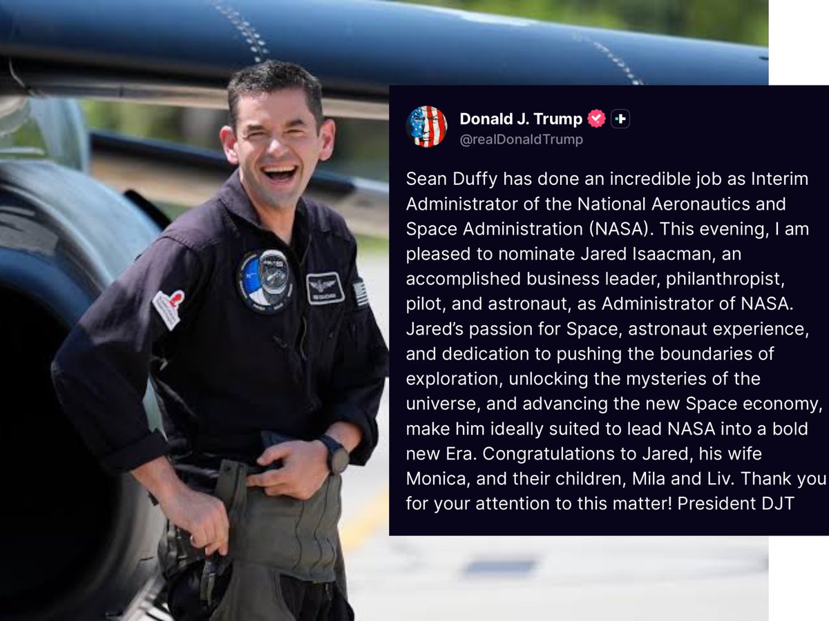 🚨 BREAKING: President Trump has officially re-nominated Jared Isaacman to be NASA Administrator

LET’S GO! 🔥

This is a HUGE win for America! Congratulations <a href="/rookisaacman/">Jared Isaacman</a>!