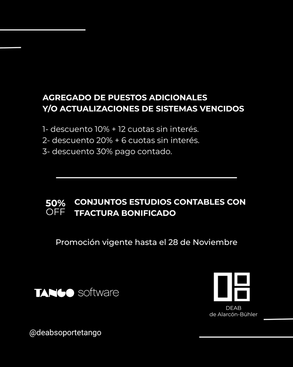 DEABTango's tweet image. 👉 PROMOCIONES DE TANGO SOFTWARE Noviembre 2025

🔴 Vigente hasta el 28 de Noviembre 2025.

#tangosoftware #soportetango #tangogestion #deab #dealarconbuhler
