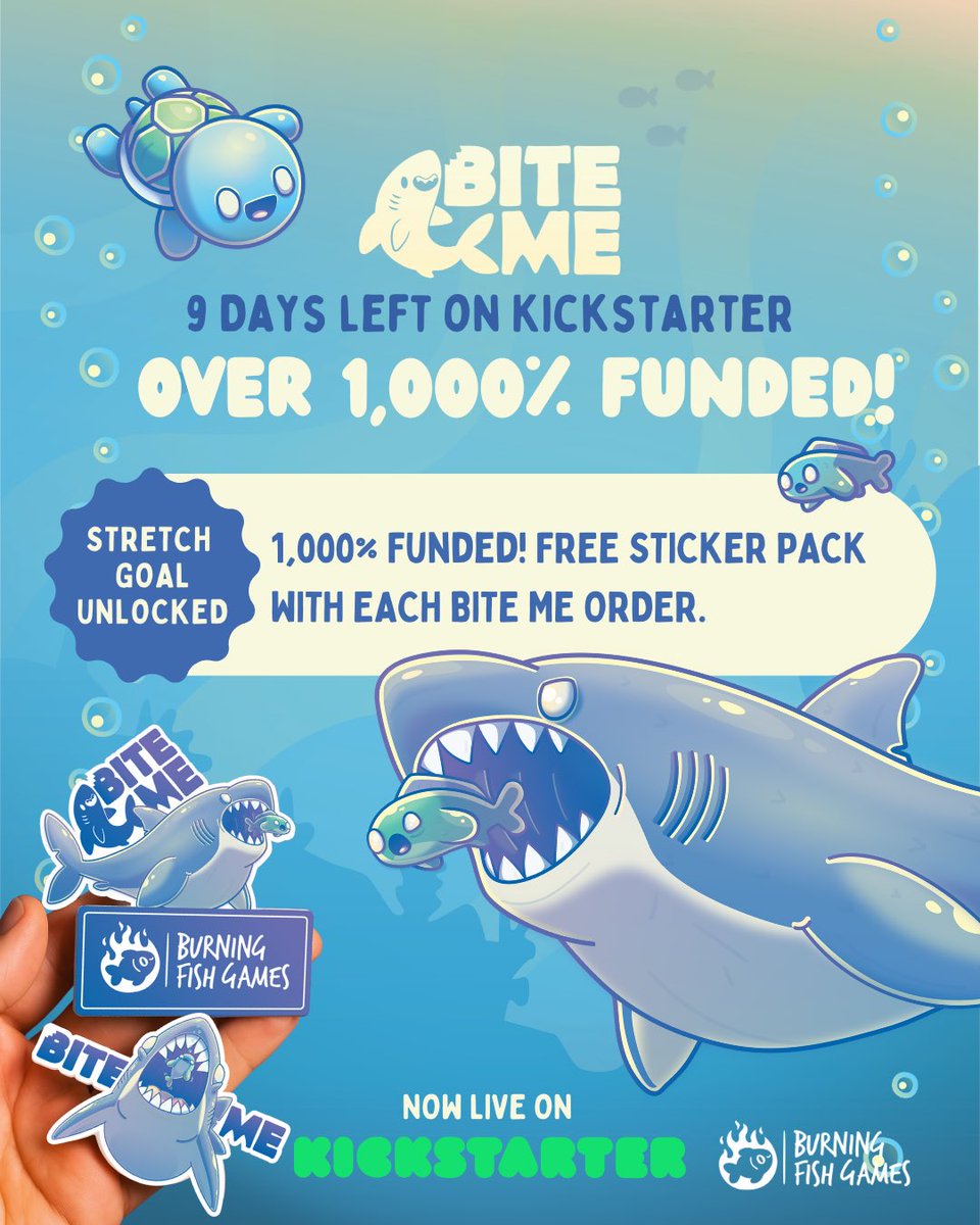 Over 1,000% Funded on Kickstarter! New Stretch Goal Unlocked, all orders of Bite Me will now come with a sticker pack 🥳 Thank you everyone for your support so far 💙@kickstarter @biteme_theexplodings #projectwelove #sharks #cardgame #partygame #gamenight
