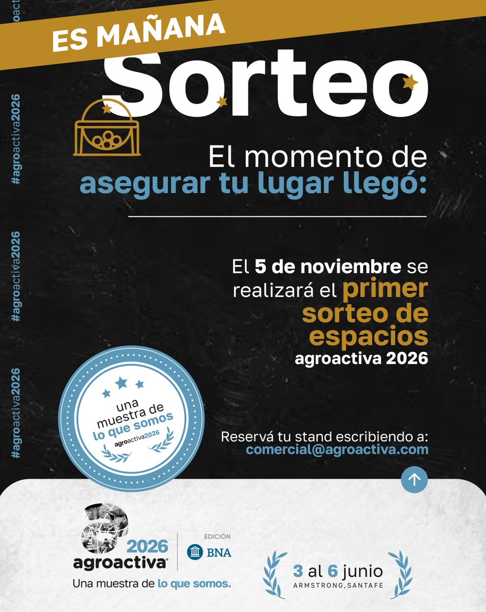 🚨 ¡Atención expositores!
Mañana llega el día del #SORTEO de stands 🔥

Si ya reservaste tu espacio, preparate para conocer tu ubicación dentro de Agroactiva 2026.
Un paso más hacia la gran muestra del campo 💪🌾

Nos vemos mañana 👀
#Agroactiva2026