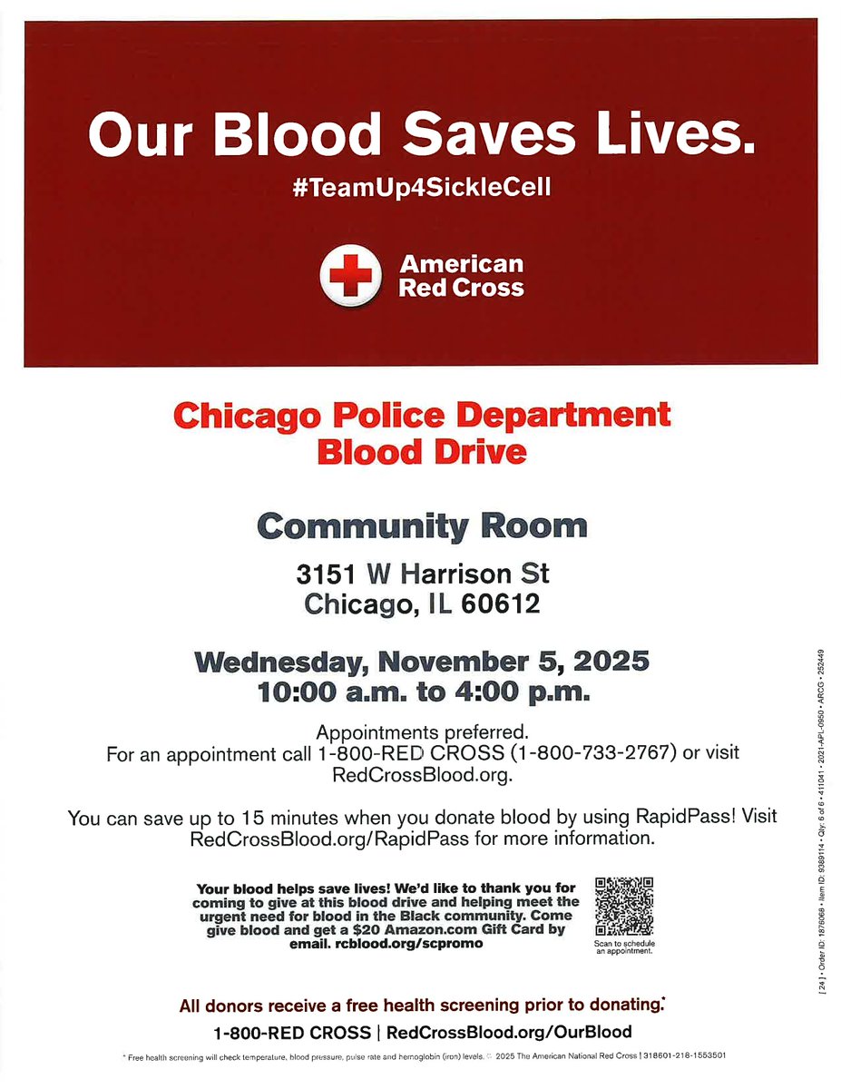 ChicagoCAPS11's tweet image. 🩸 Our Blood Saves Lives! 🩸
Join the 11th District for our Blood Drive on Wednesday, November 5, 2025, from 10:00 AM to 4:00 PM at 3151 W. Harrison St.

Stop by the station or simply scan the link to register — every donation helps save lives! ❤️

#CPD11 #BloodDrive #SaveLives