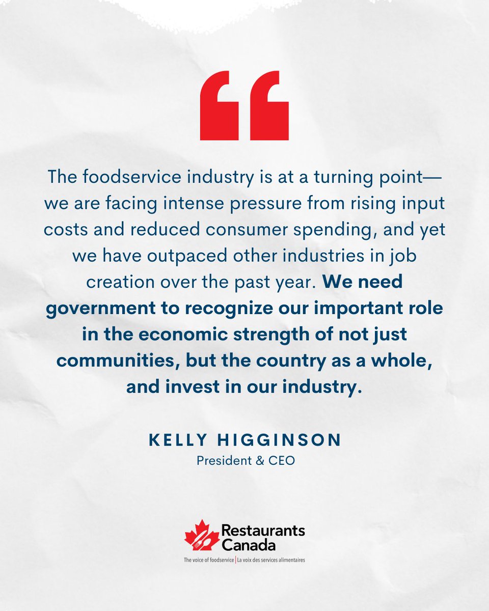 Tonight, Restaurants Canada President and CEO, Kelly Higginson (<a href="/KHHigginson/">kelly higginson</a>), spoke with the Minister of Finance’s office to reiterate our disappointment in today’s budget announcement.

Restaurants Canada will continue to strongly advocate on behalf of our $120 billion