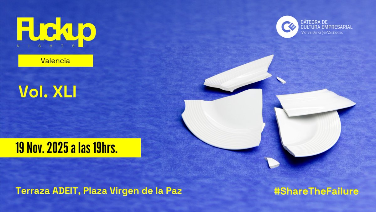 📢SAVE THE DATE
Anunciamos edición 41 de #FuckupNightsVLC🎉. Vol. XLI en #Valencia 👏👏

📅19/11/2025
🕖19:00h
🏢Terraza ADEIT

✍️ bit.ly/funvlc41
¡Te esperamos!!!

@catedraCe <a href="/kvirrueta/">Karina Virrueta</a>
#fracasos #errores #aprendizajes #fuckupnights #networking #Sharethefailure 🍻