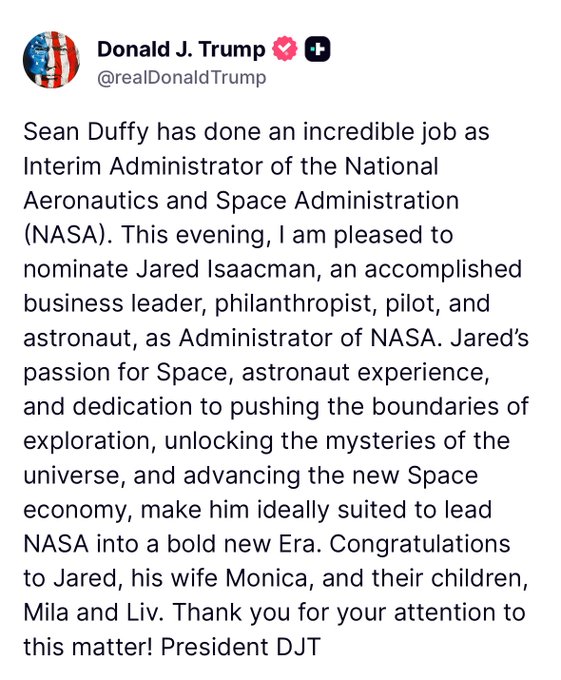 Breaking911's tweet image. BREAKING: Pres. Trump again nominates Jared Isaacman for the Administrator of NASA