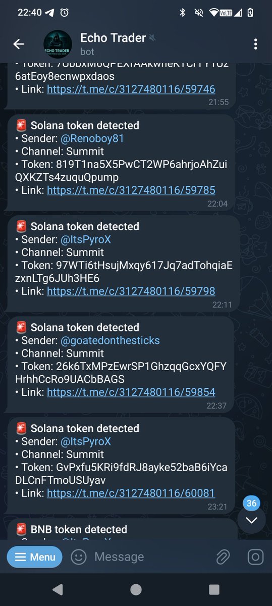 TrustInPat's tweet image. I've been using @EchoTrader_TG it's v cool. You can get alerts every time your favourite callers post a ca. Saves a ton of time scrolling back through chats or missing things when sleeping! Can also connect to maestro to auto buy, though I don't. Dev is an online friend.