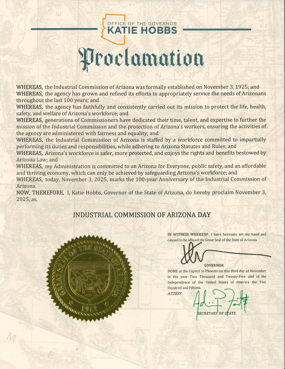IndCommAZ's tweet photo. On November 3, 2025, the Industrial Commission of Arizona (ICA) proudly marked its 100th anniversary. Governor Hobbs officially recognized this milestone by proclaiming the day as "Industrial Commission of Arizona Day." https://t.co/ket1FileyY
