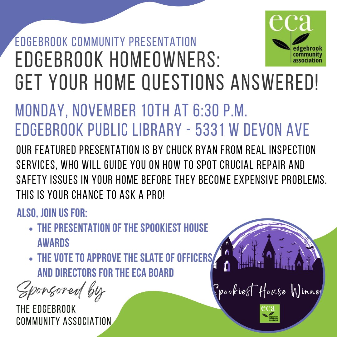 EdgebrookAssoc's tweet image. ECA Community Presentation: Home Repair &amp;amp; Safety Tips! Join us Monday, Nov 10th at 6:30 P.M. The presentation is featuring Chuck Ryan from Real Inspection Services, who will guide you on how to spot crucial repair and safety issues in your home. This is your chance to Ask a Pro