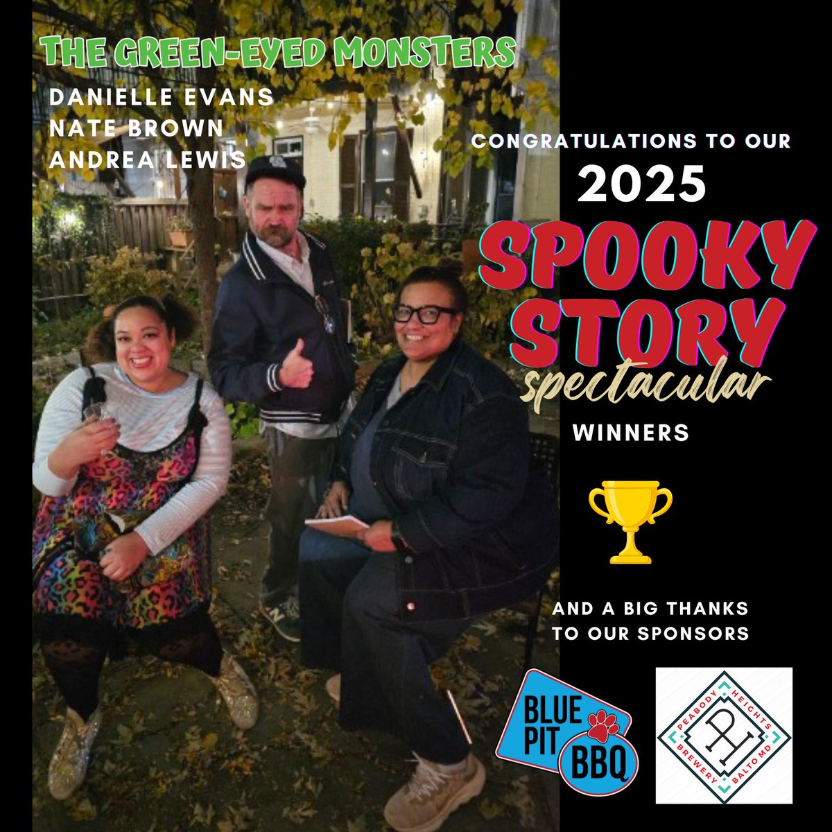Congratulations to our inaugural spooky story champions, Danielle Evans, Nate Brown, and Andrea Lewis! 👻✏️🏆

And a huge thank you to our event sponsors, <a href="/BluePitBBQ/">Blue Pit BBQ</a> &amp; <a href="/peabodyheights/">Peabody Heights Brewery</a>!🍂