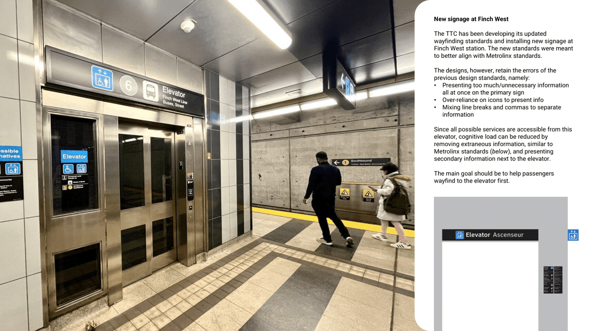 redesigningTTC's tweet photo. New sign at Finch West. Lots of talk from TTC about harmonizing signage with MX, but designs suboptimal.

If only one elevator accesses all services, users just need to find the elevator. Extra info makes users question decision making, when there are no further decisions to make https://t.co/Lnuh66WMPX