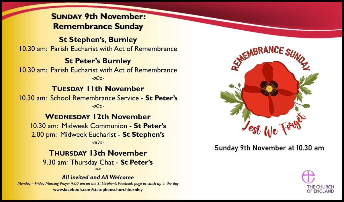 Remembrance Sunday 9th November
Parish Eucharist with Act of Remembrance, 10.30am 
#RemembranceSunday #LestWeForget 
<a href="/cofelancs/">The CofE in Lancashire (Blackburn Diocese)</a> <a href="/churchofengland/">The Church of England</a>
