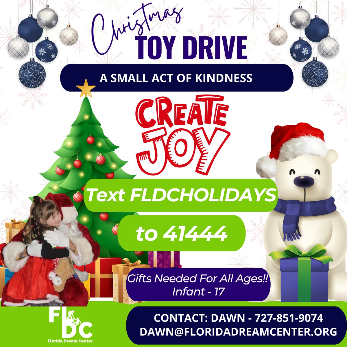 FLDreamCtr's tweet image. 🎄 A Small Act of Kindness Can Create Big Joy!
FLDC’s Christmas Toy Drive is underway! 💚
🎁 Gifts needed for all ages (infant–17).
Donate or host your own toy drive for local families.
Text FLDCHOLIDAYS to 41444 or contact Dawn: dawn@floridadreamcenter.org
 💙
#FLDC #CreateJoy