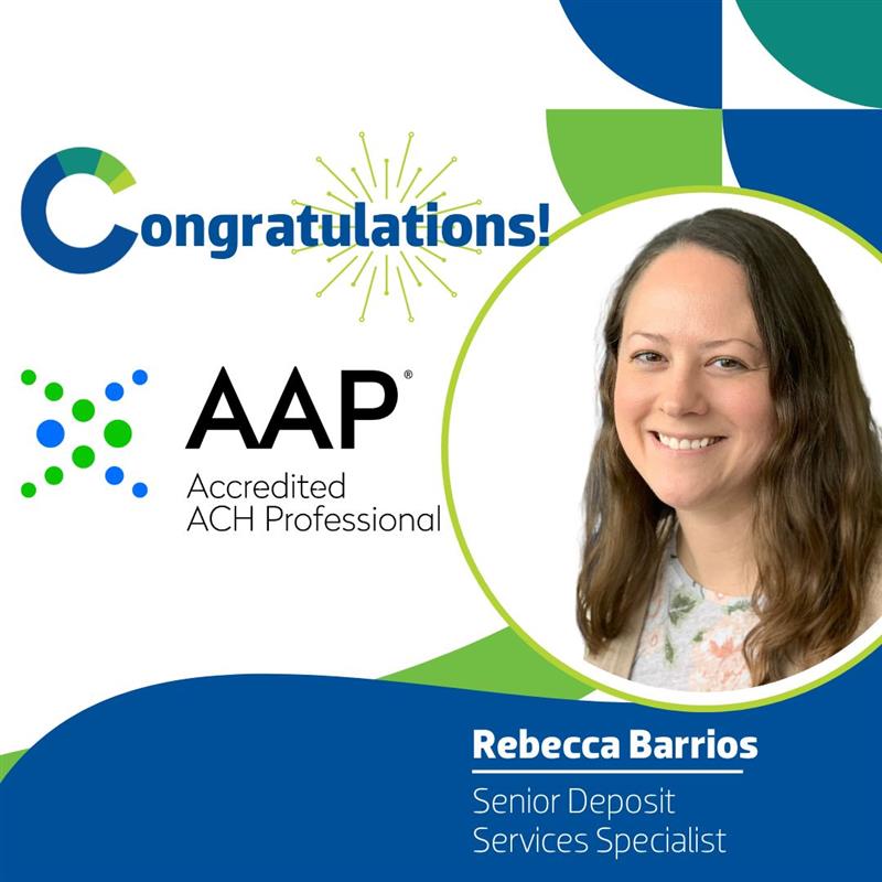 Community1stCU's tweet image. Congrats to Rebecca Barrios, Senior Deposit Services Specialist, on achieving her AAP (Accredited ACH Professional) certification! Administered by NACHA, this certification demonstrates Rebecca’s deep knowledge and expertise in the ACH network and electronic payment systems.