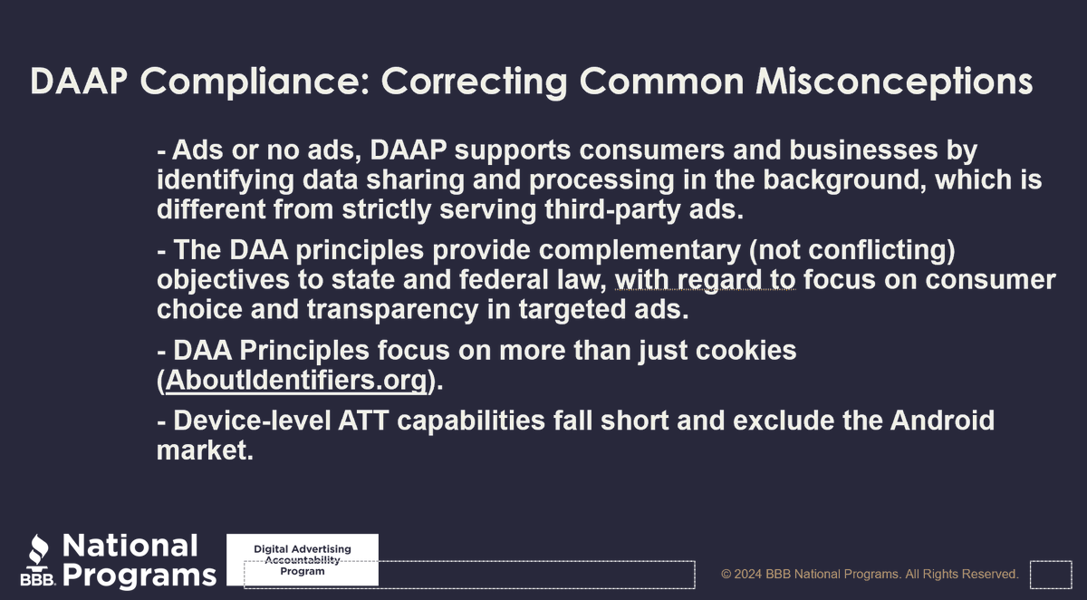 DAAUSA's tweet image. #ANAAdLaw Dr Divya Sridhar @bbb_us discusses common misconceptions of the Digital Advertising Accountability Program enforcement actions. #DAAPrinciples - the #ethics layer - keeps you in-step with ad innovations, changing identifiers, consumer behaviors, building #brand #trust