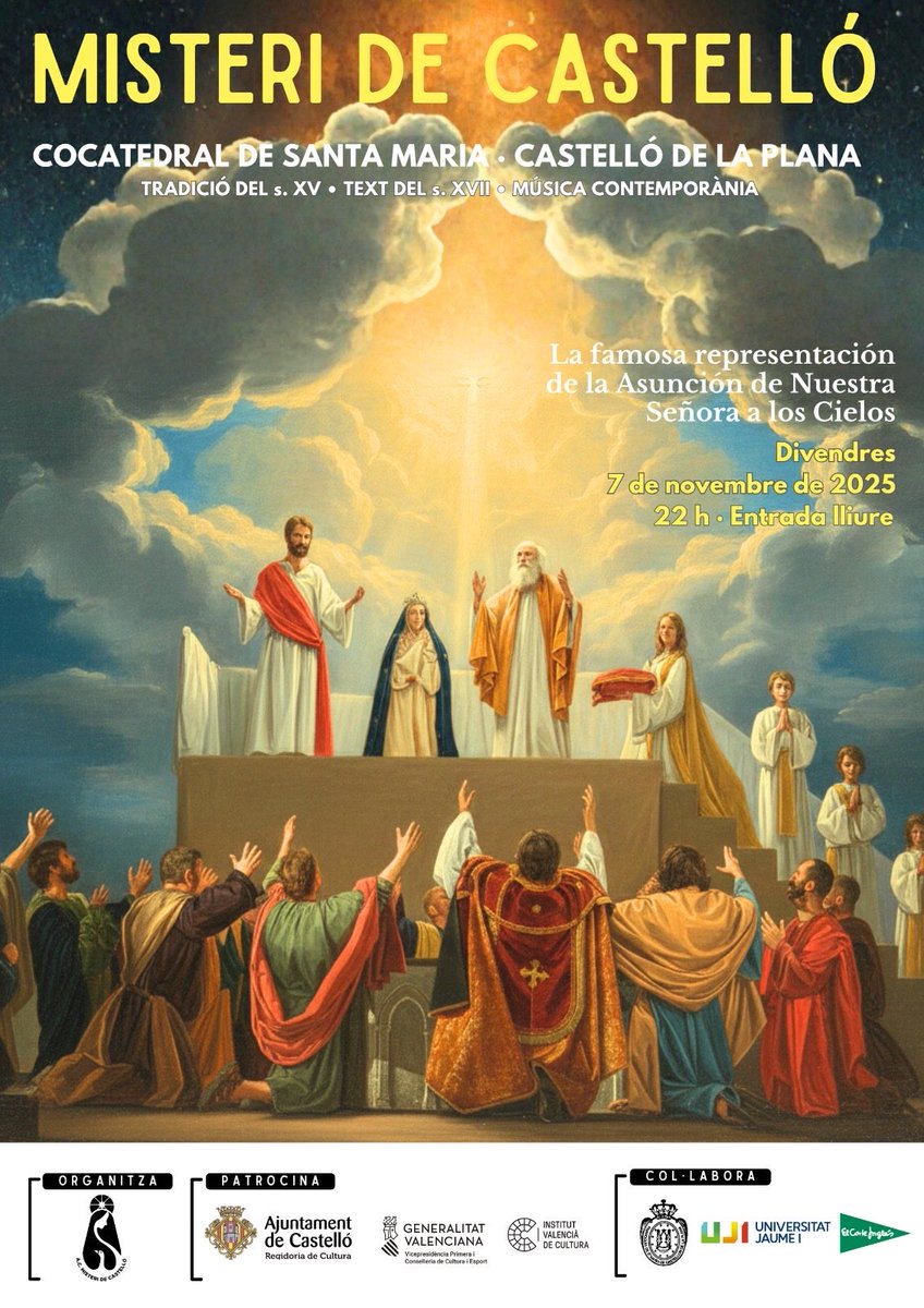 misteri_de_cs's tweet photo. Torne  el Misteri de Castelló. 

🗓️ Divendres 7 de novembre · 
🕙 22:00 h
📍 Cocatedral de Santa Maria (Castelló)
🎟️ Entrada lliure fins completar l’aforament.

Et convidem a viure una experiència única de fe, art i història. https://t.co/fg4hF63MCr