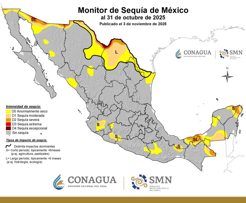 conagua_clima's tweet photo. De acuerdo con el #MonitorDeSequía del #SMNmx, al 31 de octubre de 2025, #México tiene condiciones de #Sequía moderada a excepcional en el 8.5 % de su territorio. Para más detalles de la información consulta https://t.co/PzCzURHQij https://t.co/g7DaBirG7m