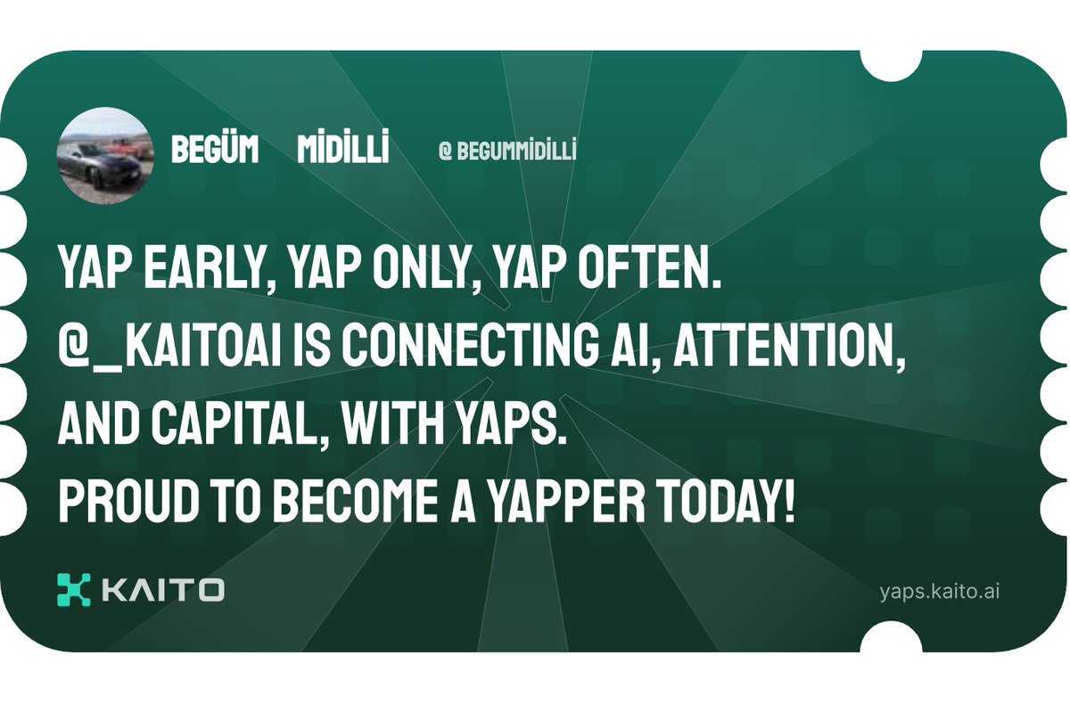 BegumMidilli's tweet image. Yap early, yap only, yap often.

@KaitoAI is connecting AI, attention and capital with Yaps.

Just claimed my social card and I'm accumulating Yap points in real-time.

Claim yours 👉 yaps.kaito.ai/referral/16104…