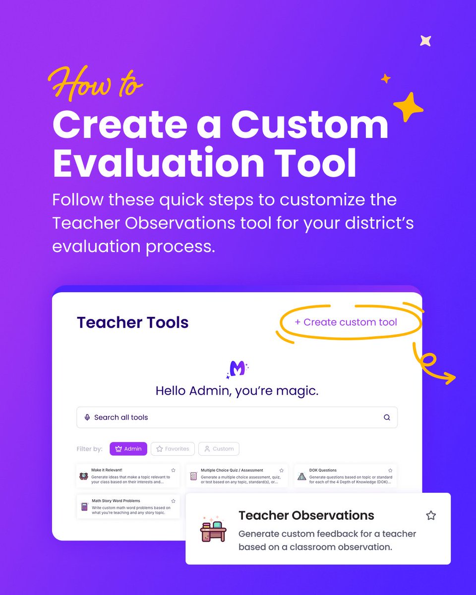 magicschoolai's tweet image. It’s walkthrough season.

Create a custom Teacher Observation tool in MagicSchool to streamline your feedback process:
✅ Add standards or rubrics
✅ Customize prompts
✅ Save and reuse anytime

Perfect for pre–winter break classroom visits.

#MagicSchool #AIForEducation