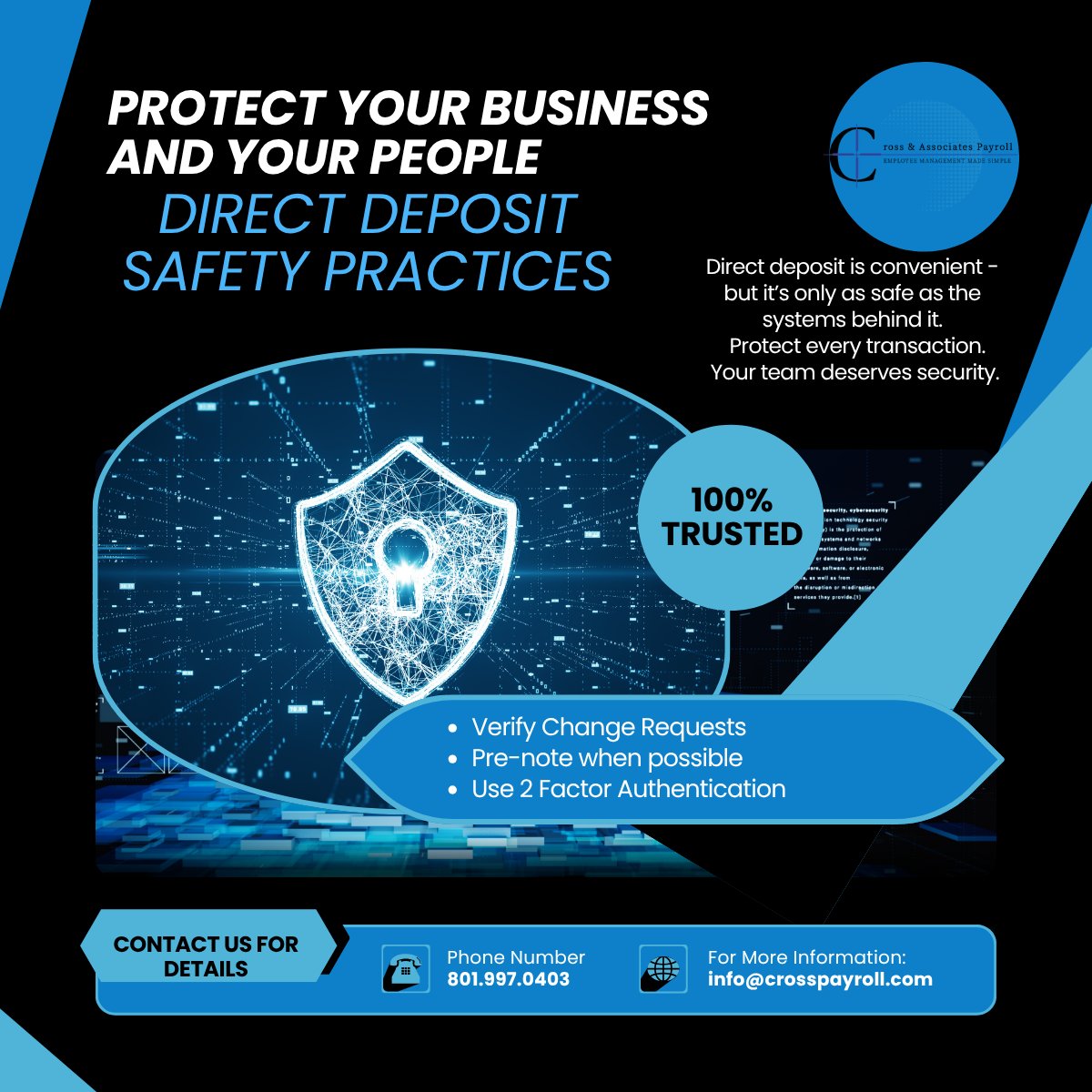 CrossPayroll's tweet image. Direct deposit safety 🛡️Verify bank changes via a second channel and run a $0 prenote when possible to avoid misroutes.
#Security #PayrollProcess #SMB #FraudPrevention